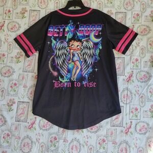 Betty Boop Shirt Jersey‎ M Adult Black Pink Button Baseball Wings Flames Stars